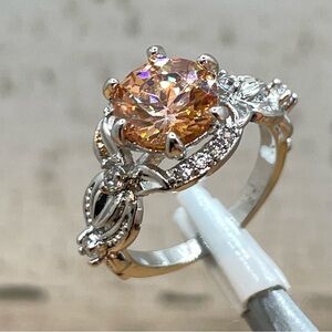 Beautiful Statement Round Cut Orange Citrine White Diamond CZ Silver Plated Ring